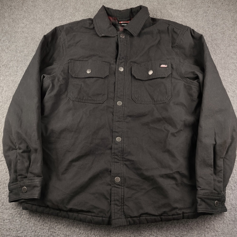 Dickies Shirt Jacket Mens Large Black Flannel Lined Canvas Snap Front EUC